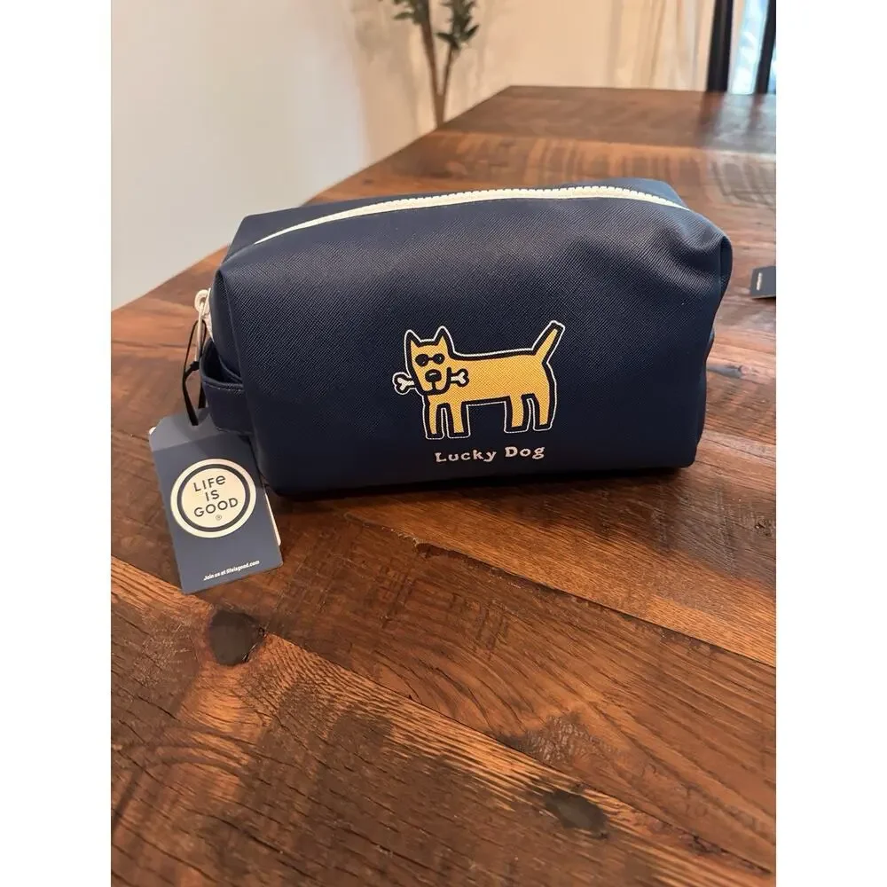 Life Is Good Lucky Dog Navy Blue Cosmetic Bag NWT